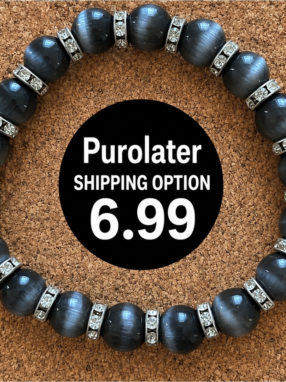 Black Gray Cats Eye Beaded Stretch Bracelet with Rhinestone Spacers NWT